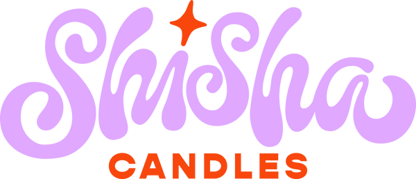 Shisha Candles logo in purple and blood orange lettering